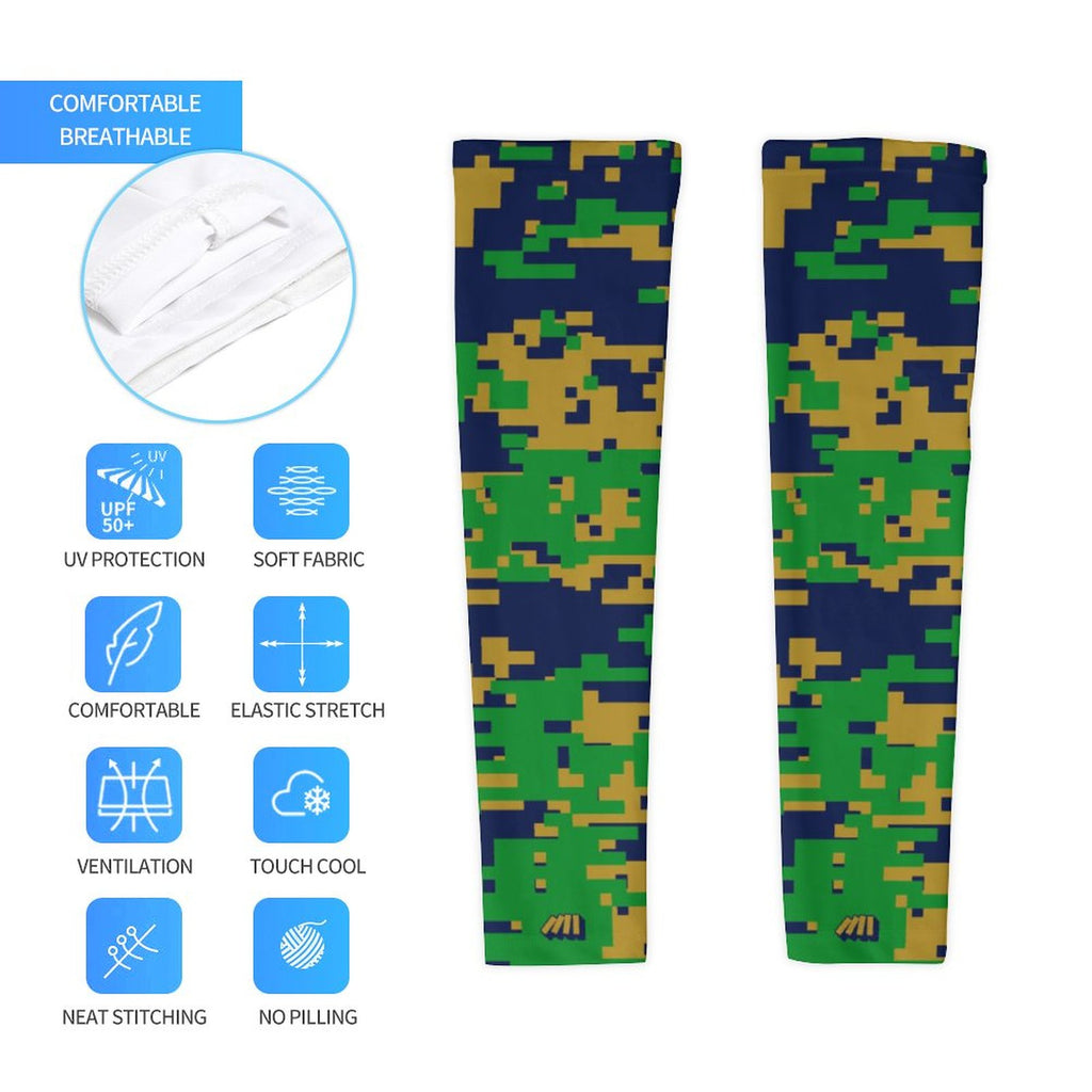 Athletic sports compression arm sleeve for youth and adult football, basketball, baseball, and softball printed with digicamo navy blue, gold, and green colors. 