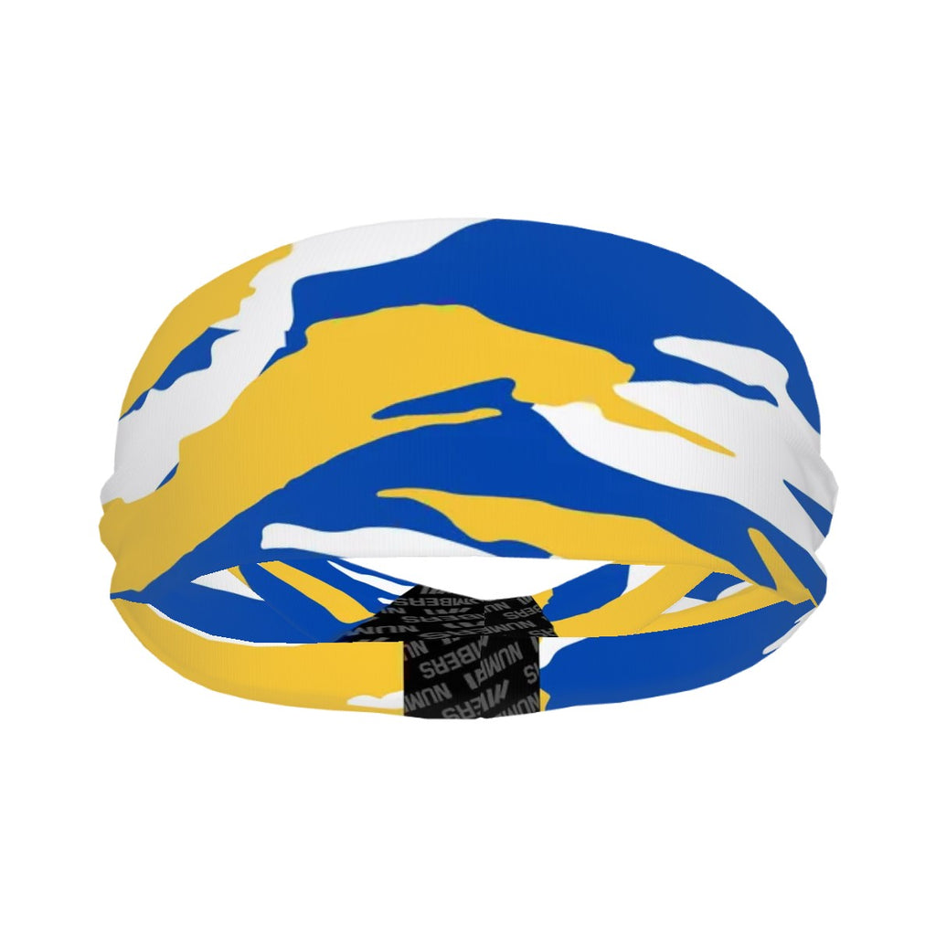 Athletic sports sweatband wide headband for youth and adult football, basketball, baseball, softball, gym workout, printed with blue, yellow, and white colors. 