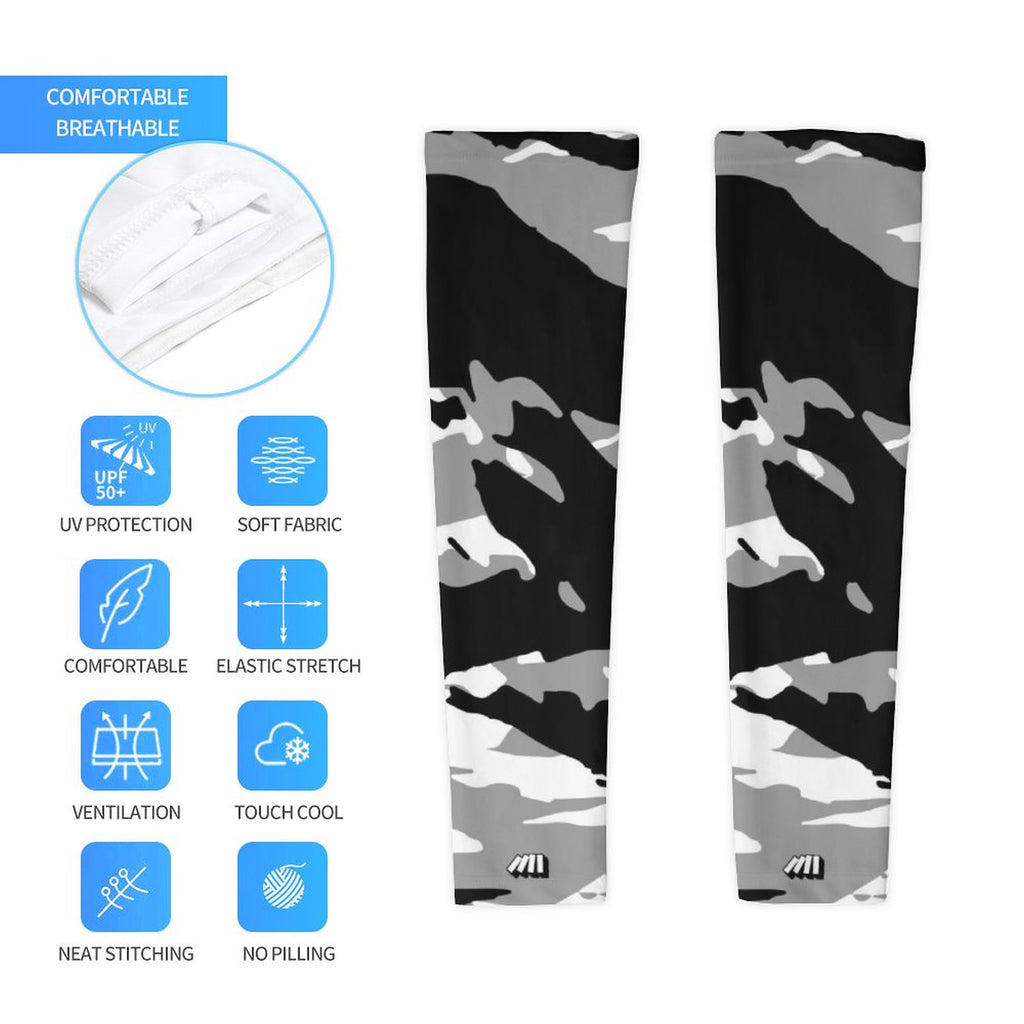 Athletic sports compression arm sleeve for youth and adult football, basketball, baseball, and softball printed with predator black, white, and gray colors. 