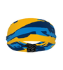 Athletic sports sweatband wide headband for youth and adult football, basketball, baseball, softball, gym workout, printed with blue, light blue, and yellow colors. 