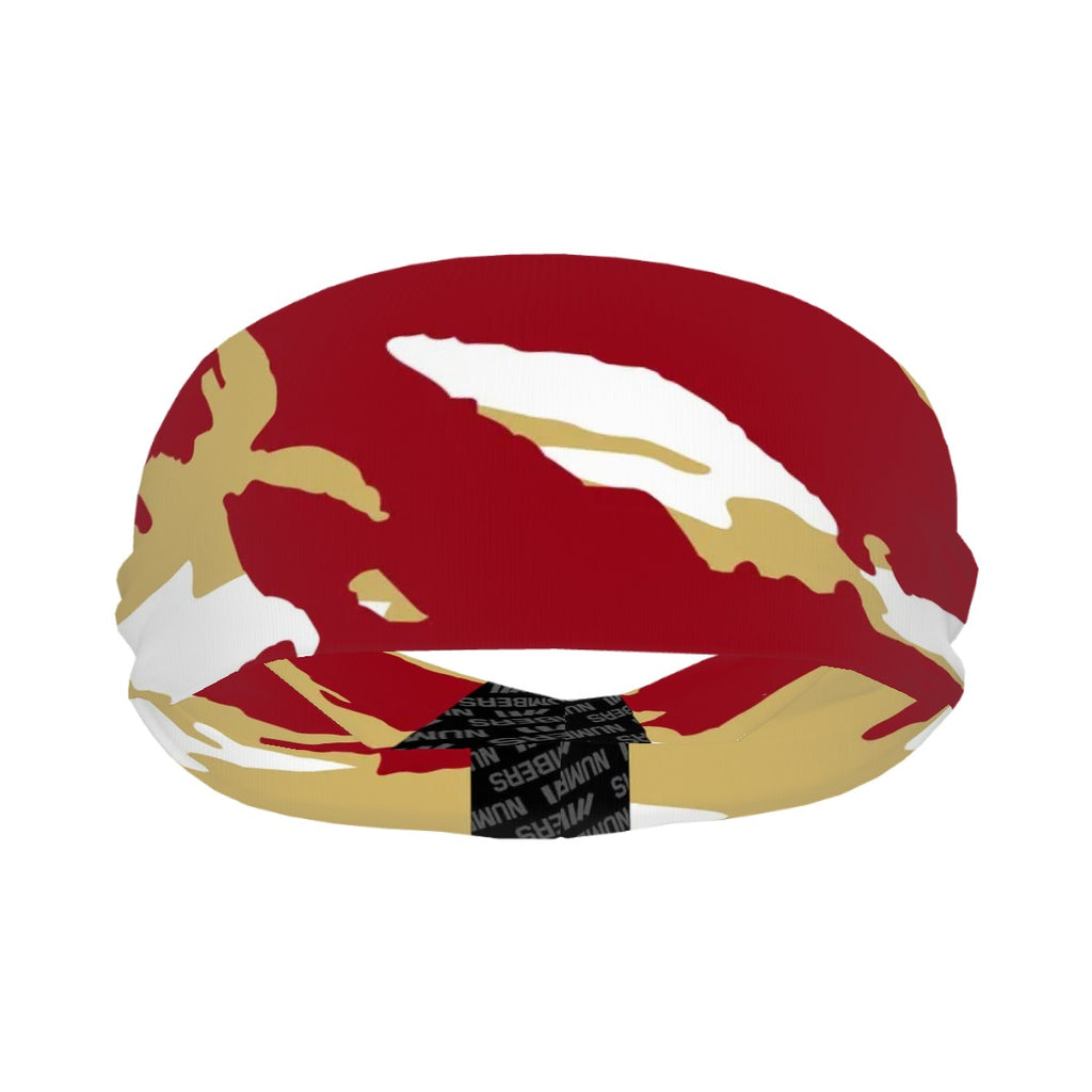 Athletic sports sweatband wide headband for youth and adult football, basketball, baseball, softball, gym workout, printed with maroon, gold, and white colors. 
