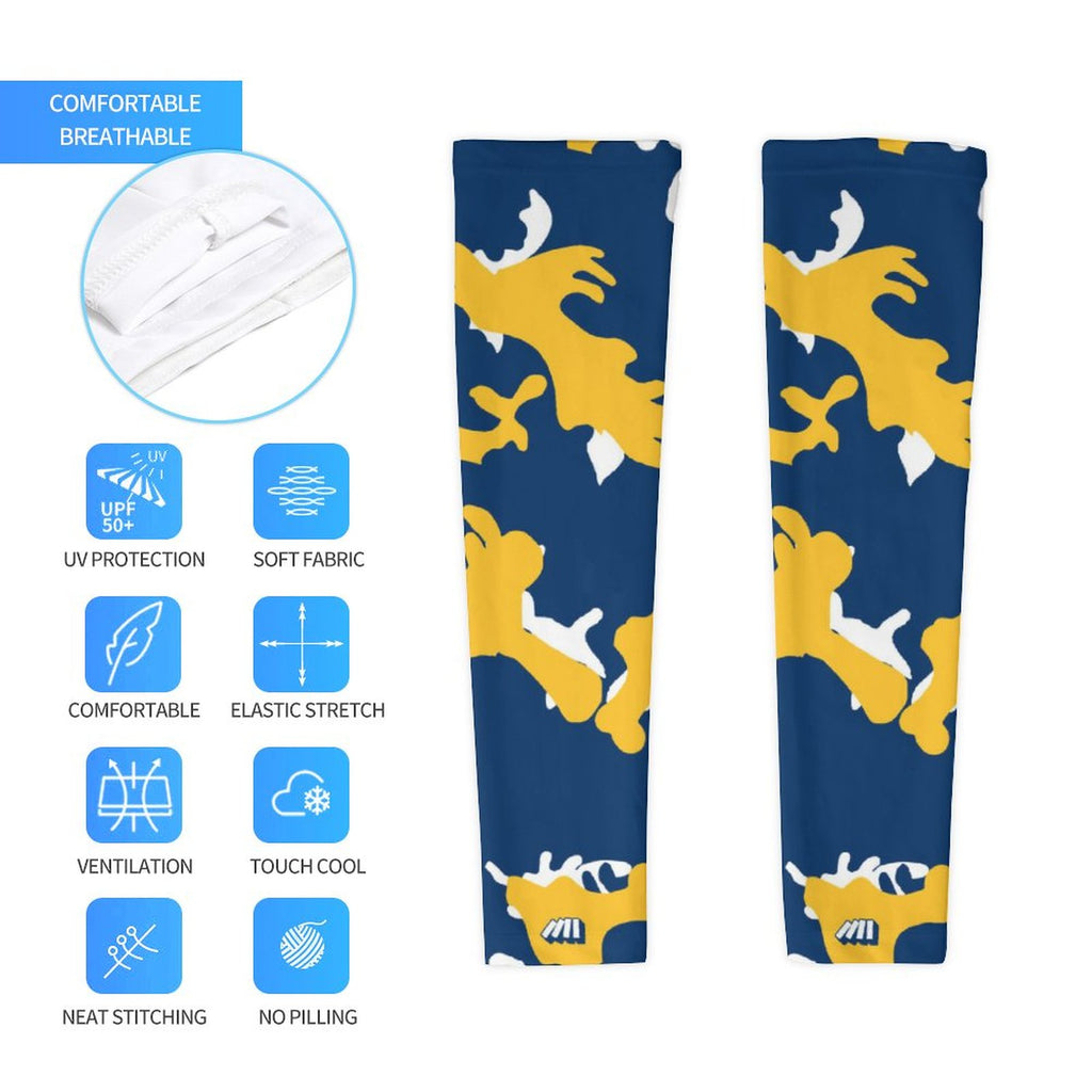 Athletic sports compression arm sleeve for youth and adult football, basketball, baseball, and softball printed with camo navy blue, yellow, and white colors. 