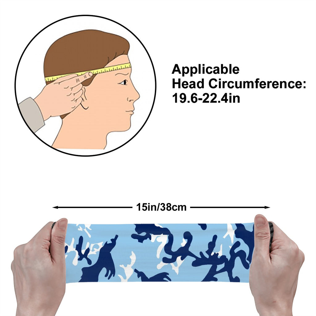 Athletic sports sweatband wide headband for youth and adult football, basketball, baseball, softball, gym workout, printed with navy blue, baby blue, and white colors.