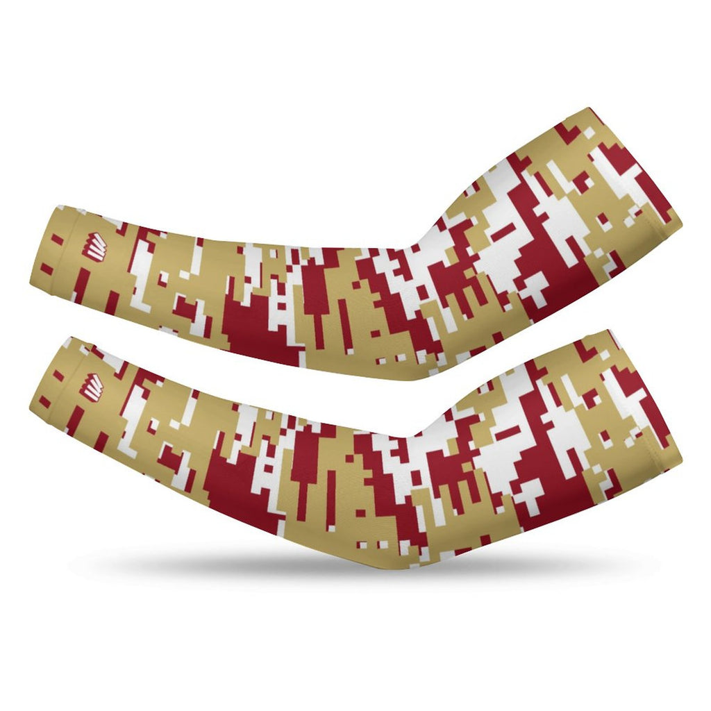 Athletic sports compression arm sleeve for youth and adult football, basketball, baseball, and softball printed with digicamo maroon, gold, and white colors. 