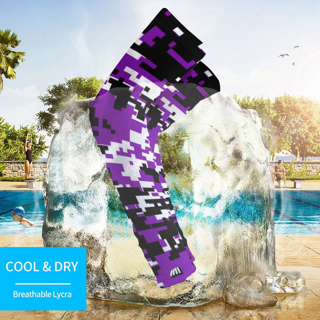 Athletic sports compression arm sleeve for youth and adult football, basketball, baseball, and softball printed with digicamo purple, white, and black colors. 