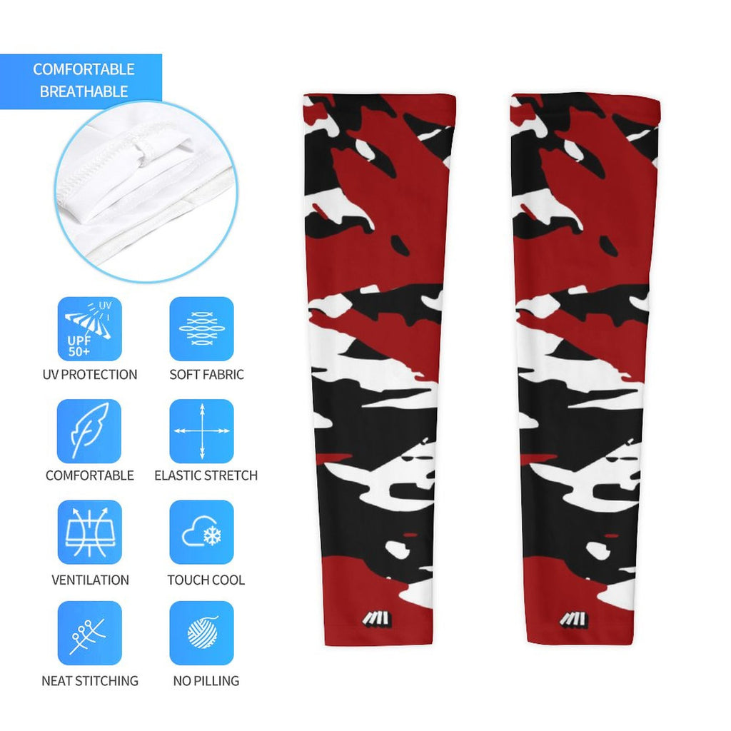 Athletic sports compression arm sleeve for youth and adult football, basketball, baseball, and softball printed with predator maroon, white, and black colors. 