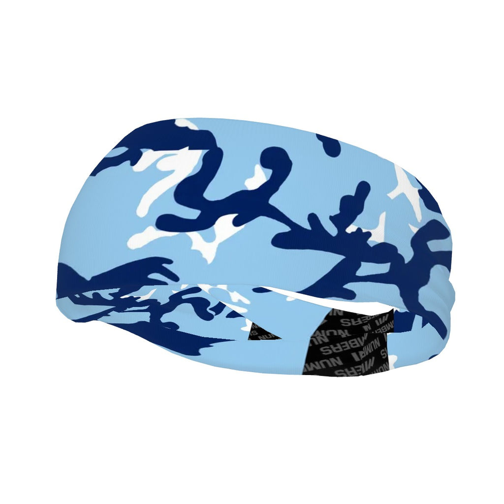 Athletic sports sweatband wide headband for youth and adult football, basketball, baseball, softball, gym workout, printed with navy blue, baby blue, and white colors.