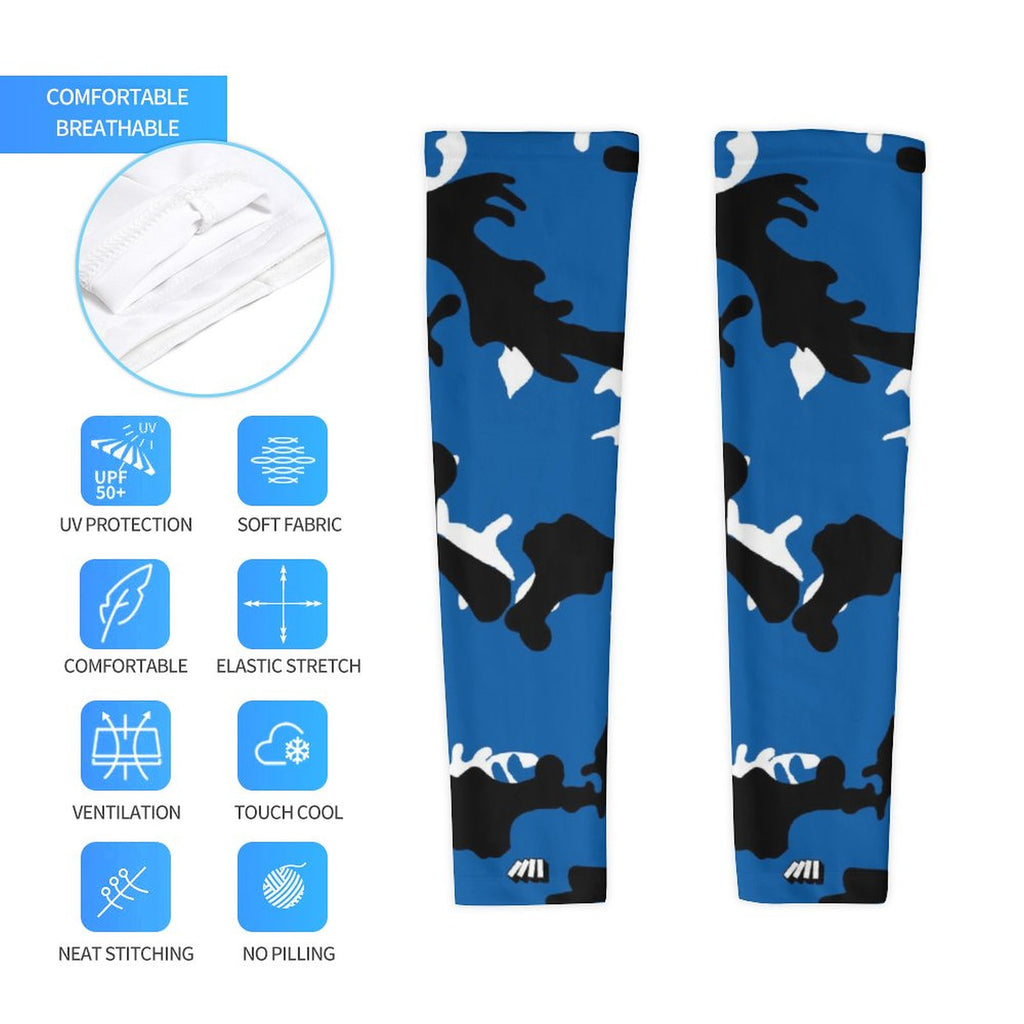 Athletic sports compression arm sleeve for youth and adult football, basketball, baseball, and softball printed with camo blue, white, and black colors. 