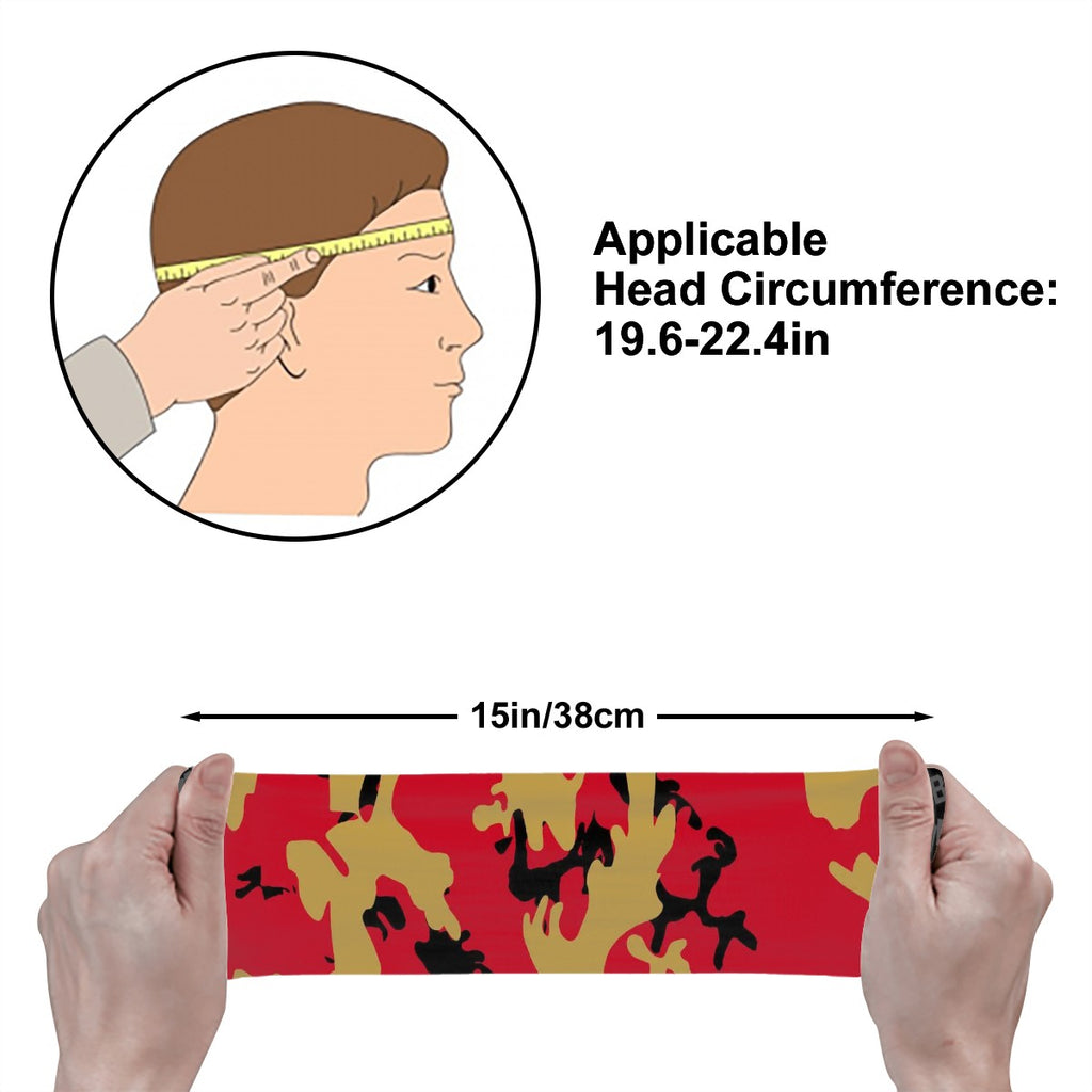 Athletic sports sweatband wide headband for youth and adult football, basketball, baseball, softball, gym workout, printed with red, gold, and black colors. 