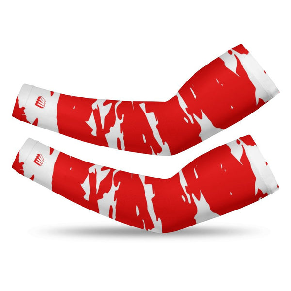Athletic sports compression arm sleeve for youth and adult football, basketball, baseball, and softball printed with predator red and white colors. 