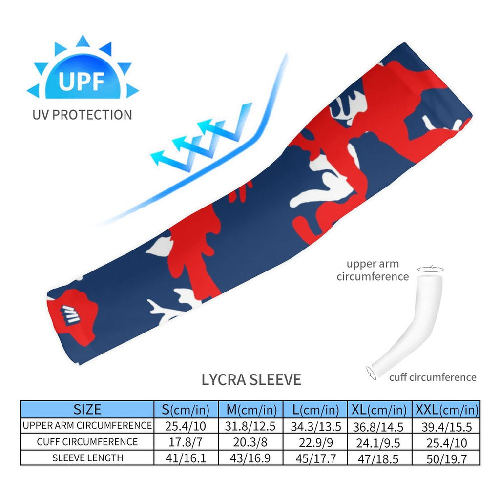 Athletic sports compression arm sleeve for youth and adult football, basketball, baseball, and softball printed with camo navy blue, red, and white colors. 