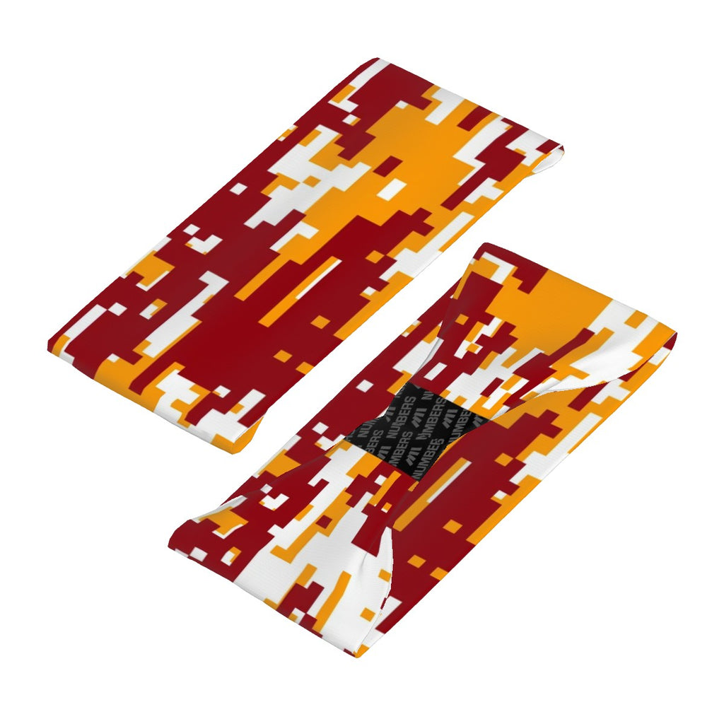 Athletic sports sweatband wide headband for youth and adult football, basketball, baseball, softball, gym workout, printed with maroon, yellow, and white