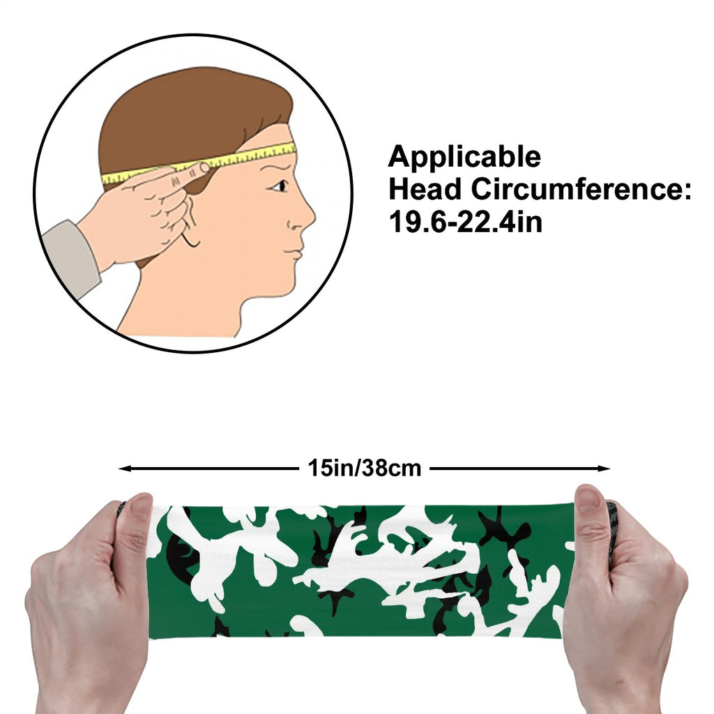 Athletic sports sweatband wide headband for youth and adult football, basketball, baseball, softball, gym workout, printed with green, white, and black colors. 