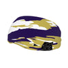 Athletic sports sweatband wide headband for youth and adult football, basketball, baseball, softball, gym workout, printed with purple, gold, and white colors. 