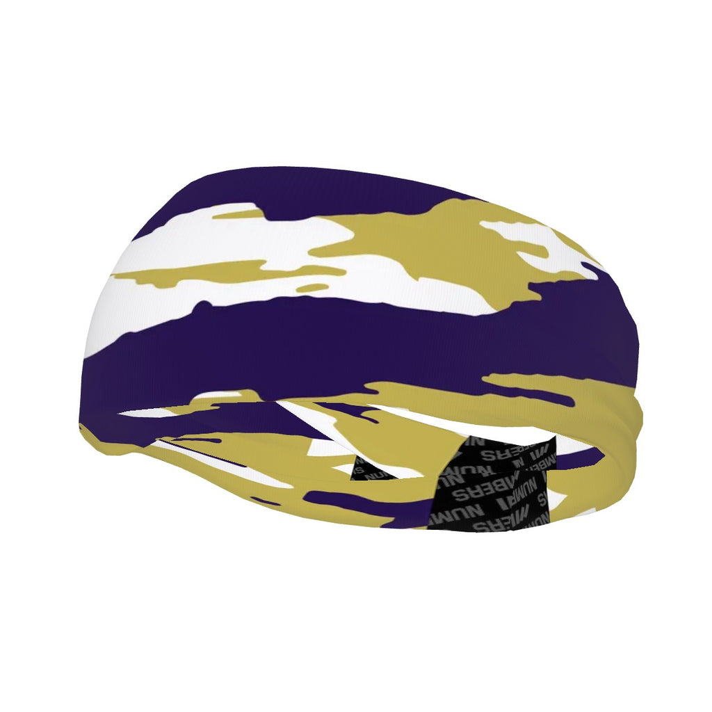 Athletic sports sweatband wide headband for youth and adult football, basketball, baseball, softball, gym workout, printed with purple, gold, and white colors. 