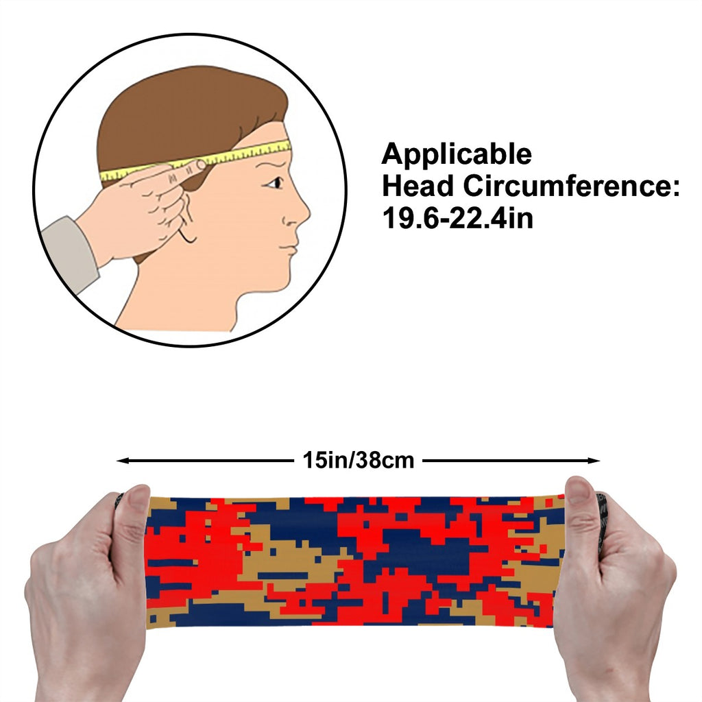 Athletic sports sweatband wide headband for youth and adult football, basketball, baseball, softball, gym workout, printed with navy blue, red, and gold colors. 