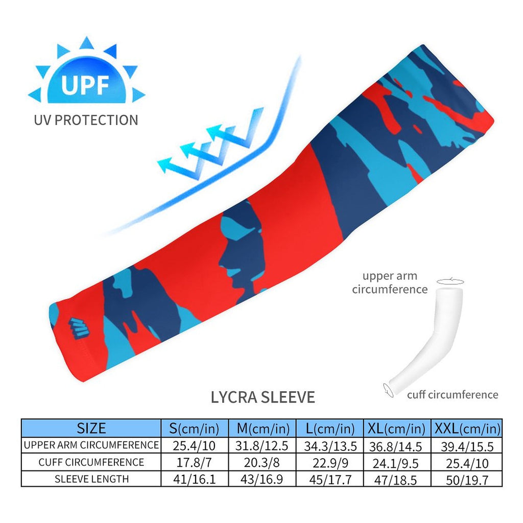 Athletic sports compression arm sleeve for youth and adult football, basketball, baseball, and softball printed with predator red, baby blue, and blue colors. 