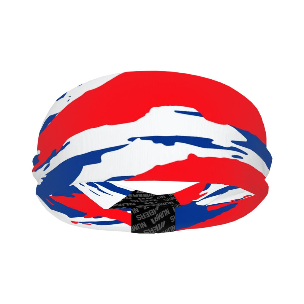 Athletic sports sweatband wide headband for youth and adult football, basketball, baseball, softball, gym workout, printed with red, white, and blue colors. 