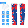 Athletic sports compression arm sleeve for youth and adult football, basketball, baseball, and softball printed with camo red, white, and blue colors. 
