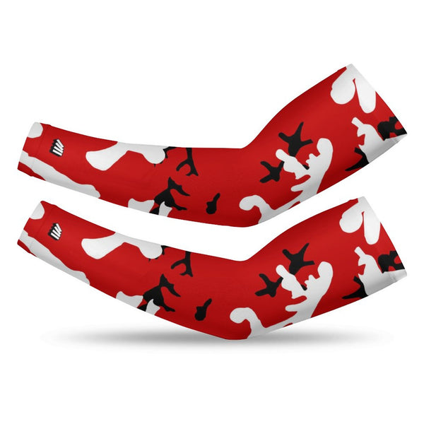 Athletic sports compression arm sleeve for youth and adult football, basketball, baseball, and softball printed with camo red, white, and black colors. 