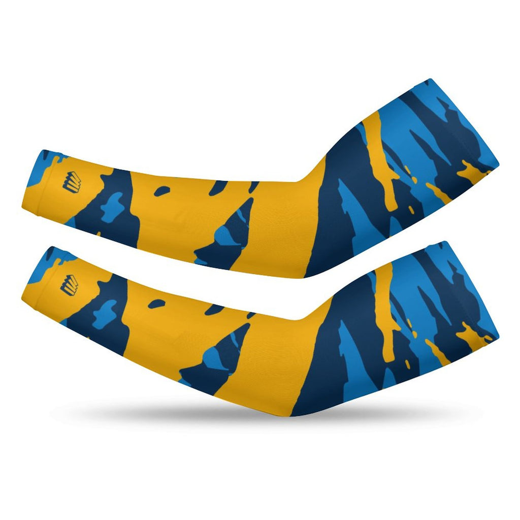Athletic sports compression arm sleeve for youth and adult football, basketball, baseball, and softball printed with predator blue, light blue, and yellow colors. 