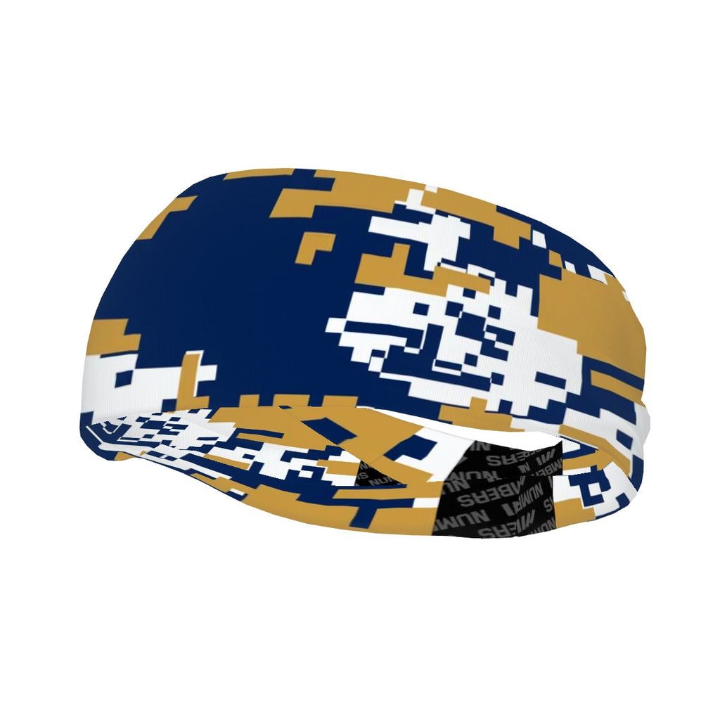 Athletic sports sweatband wide headband for youth and adult football, basketball, baseball, softball, gym workout, printed with navy blue, gold, and white colors. 