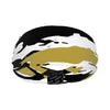 Athletic sports sweatband wide headband for youth and adult football, basketball, baseball, softball, gym workout, printed with black, gold, and white colors. 
