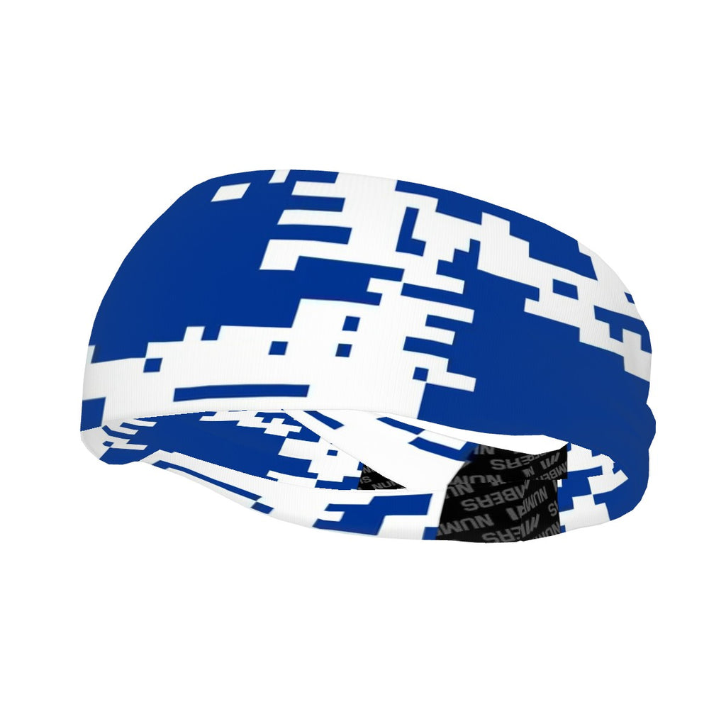 Athletic sports sweatband wide headband for youth and adult football, basketball, baseball, softball, gym workout, printed with royal blue and white colors. 