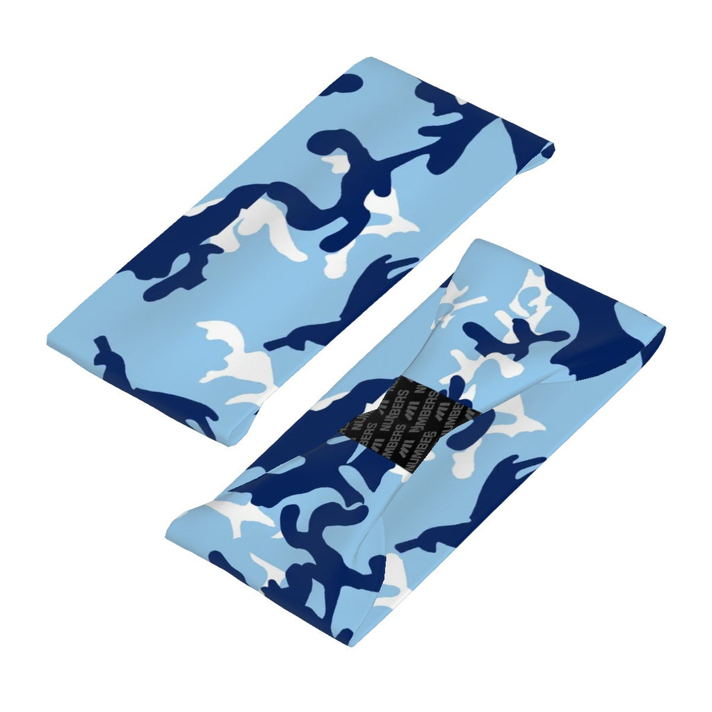 Athletic sports sweatband wide headband for youth and adult football, basketball, baseball, softball, gym workout, printed with navy blue, baby blue, and white colors.