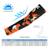 Athletic sports compression arm sleeve for youth and adult football, basketball, baseball, and softball printed with camo orange, black, and white colors. 