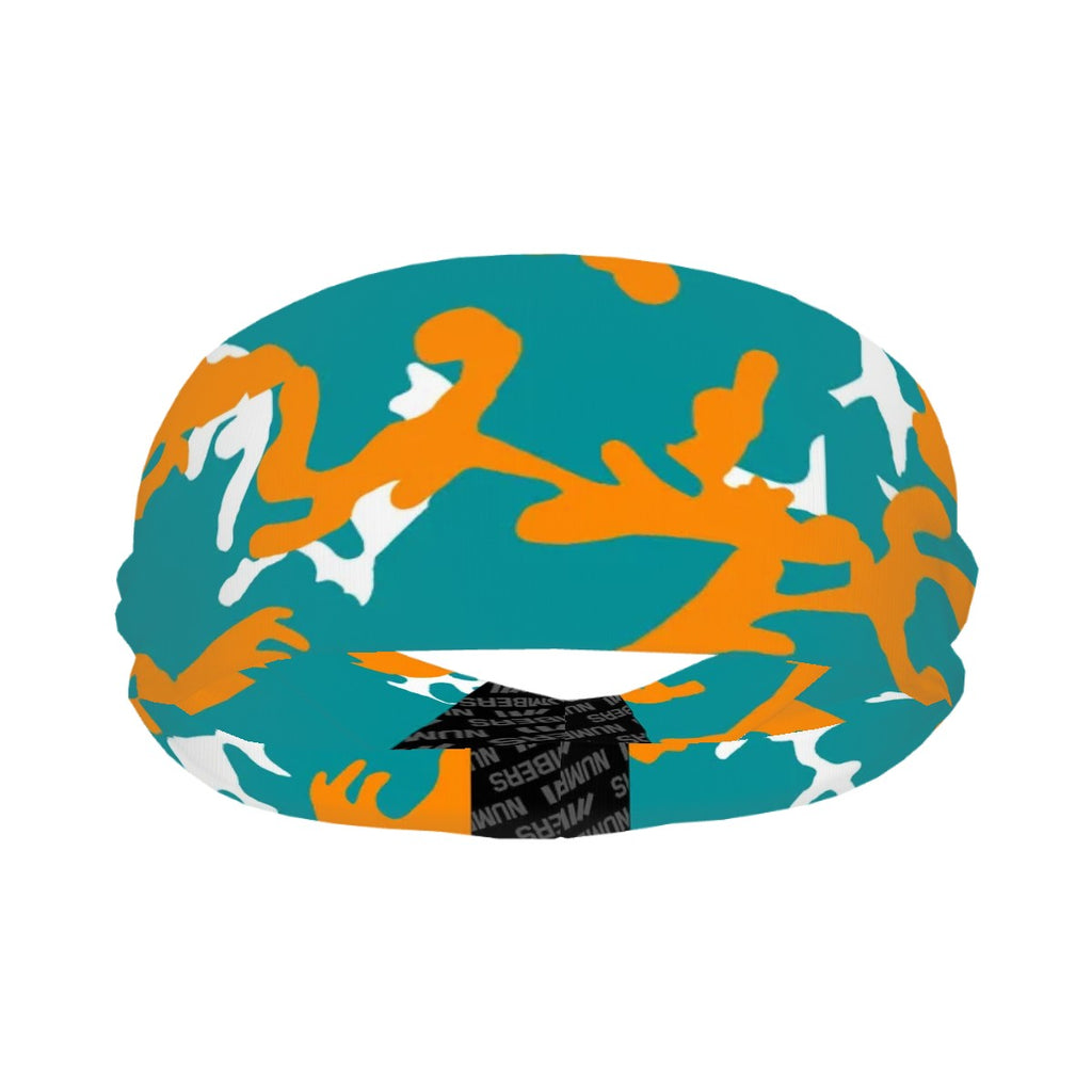 Athletic sports sweatband wide headband for youth and adult football, basketball, baseball, softball, gym workout, printed with aqua, orange, and white colors. 