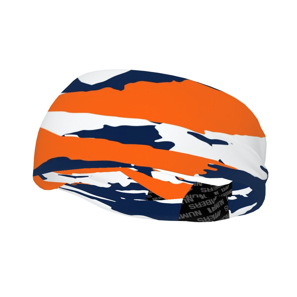 Athletic sports sweatband wide headband for youth and adult football, basketball, baseball, softball, gym workout, printed with navy blue, orange, and white colors. 