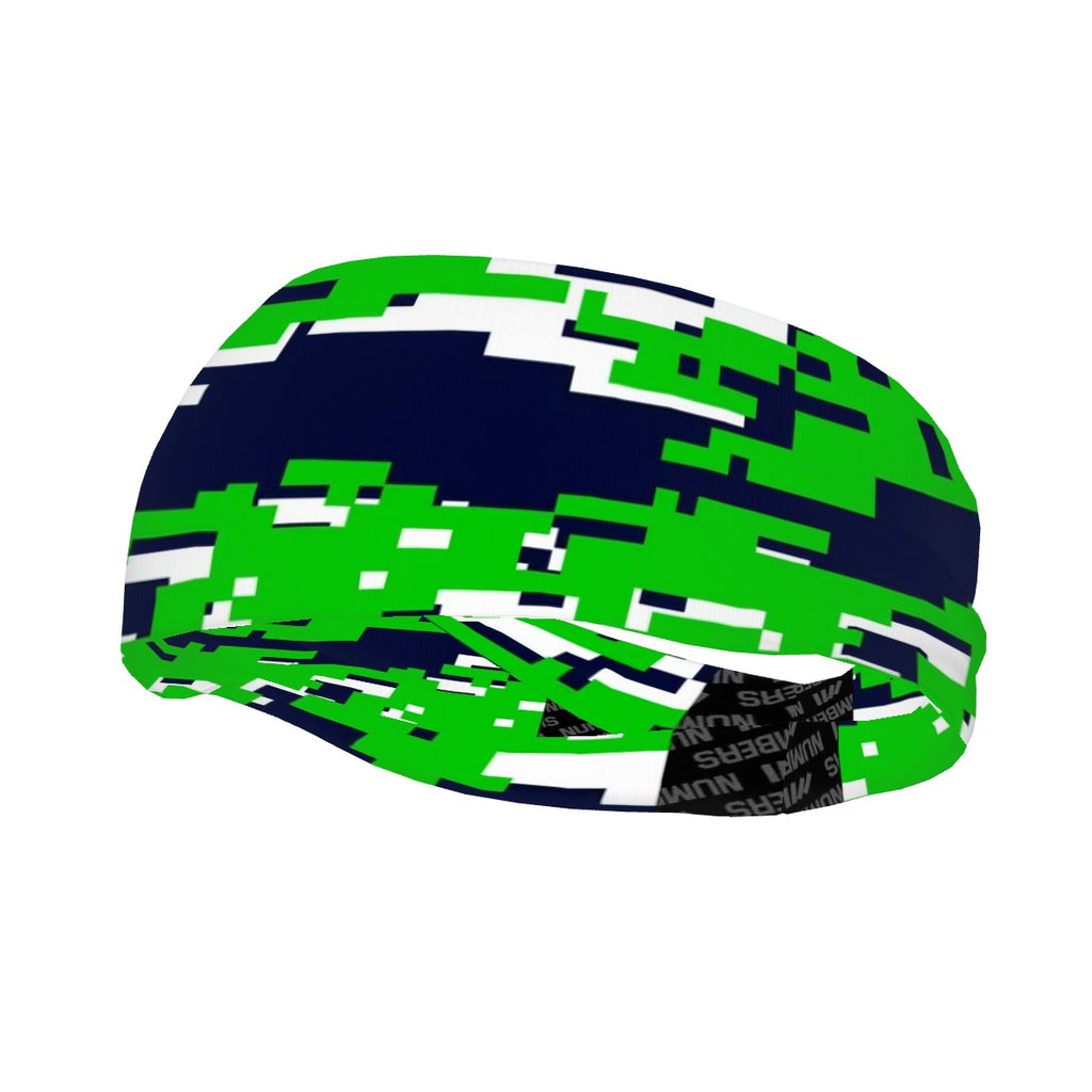 Athletic sports sweatband wide headband for youth and adult football, basketball, baseball, softball, gym workout, printed with green, blue, and white colors.