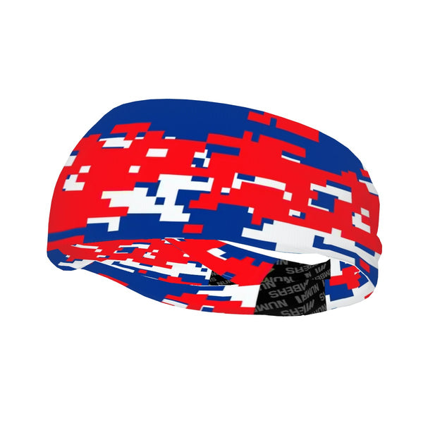 Athletic sports sweatband wide headband for youth and adult football, basketball, baseball, softball, gym workout, printed with royal blue, red, and white colors. 