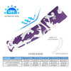 Athletic sports compression arm sleeve for youth and adult football, basketball, baseball, and softball printed with camo purple, white, and gray colors. 