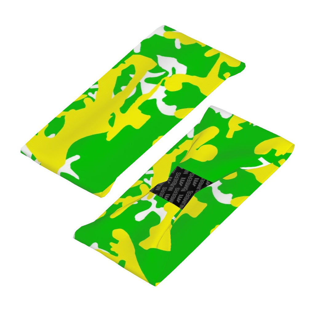Athletic sports sweatband wide headband for youth and adult football, basketball, baseball, softball, gym workout, printed with neon green, yellow, and white colors. 
