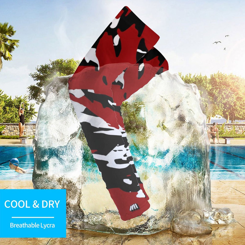 Athletic sports compression arm sleeve for youth and adult football, basketball, baseball, and softball printed with predator maroon, white, and black colors. 