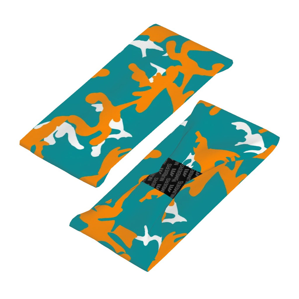 Athletic sports sweatband wide headband for youth and adult football, basketball, baseball, softball, gym workout, printed with aqua, orange, and white colors. 