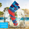Athletic sports compression arm sleeve for youth and adult football, basketball, baseball, and softball printed with predator red, baby blue, and blue colors. 