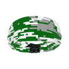 Athletic sports sweatband wide headband for youth and adult football, basketball, baseball, softball, gym workout, printed with green, grey, and white colors.