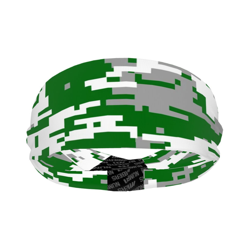 Athletic sports sweatband wide headband for youth and adult football, basketball, baseball, softball, gym workout, printed with green, grey, and white colors.