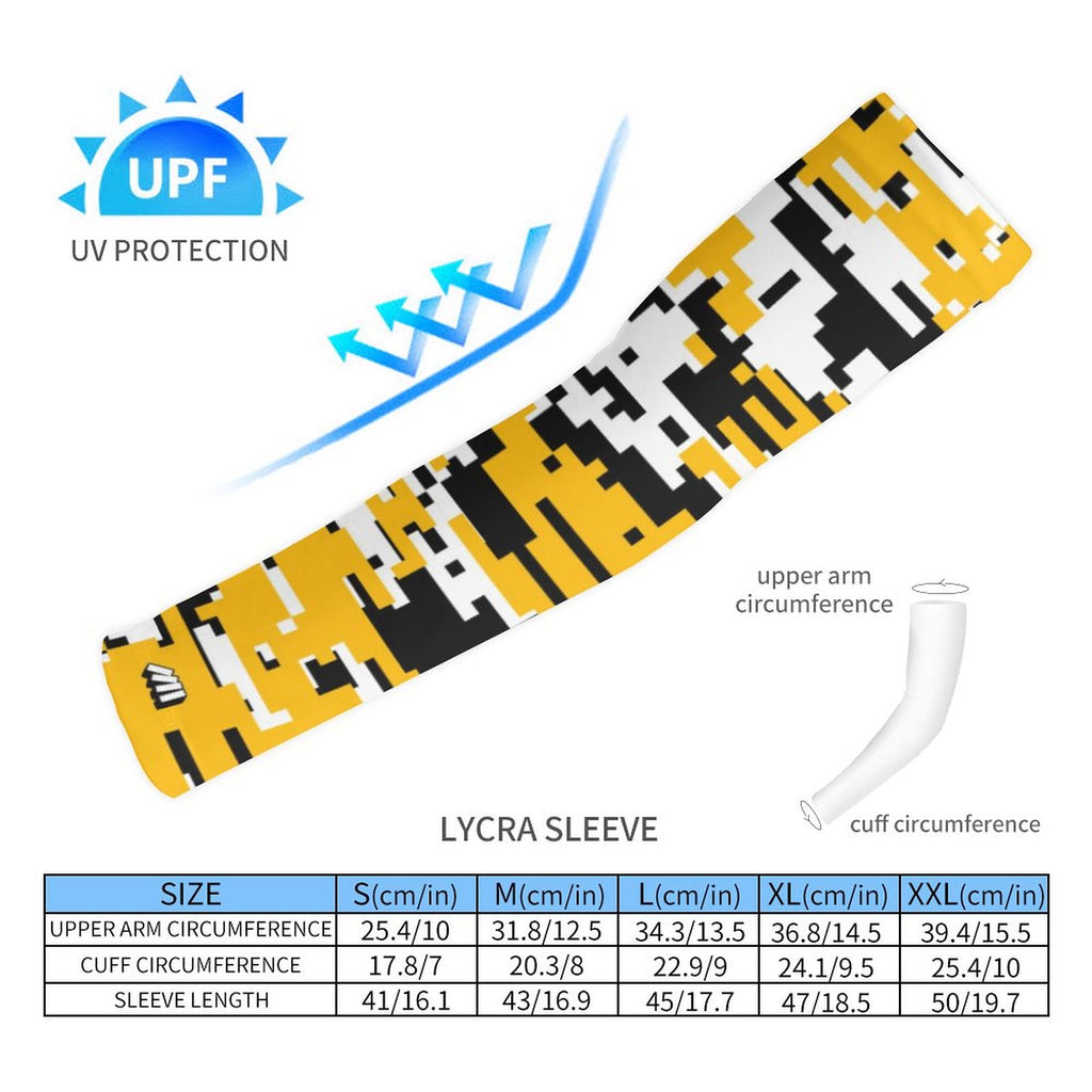 Athletic sports compression arm sleeve for youth and adult football, basketball, baseball, and softball printed with digicamo black, yellow, and white colors. 