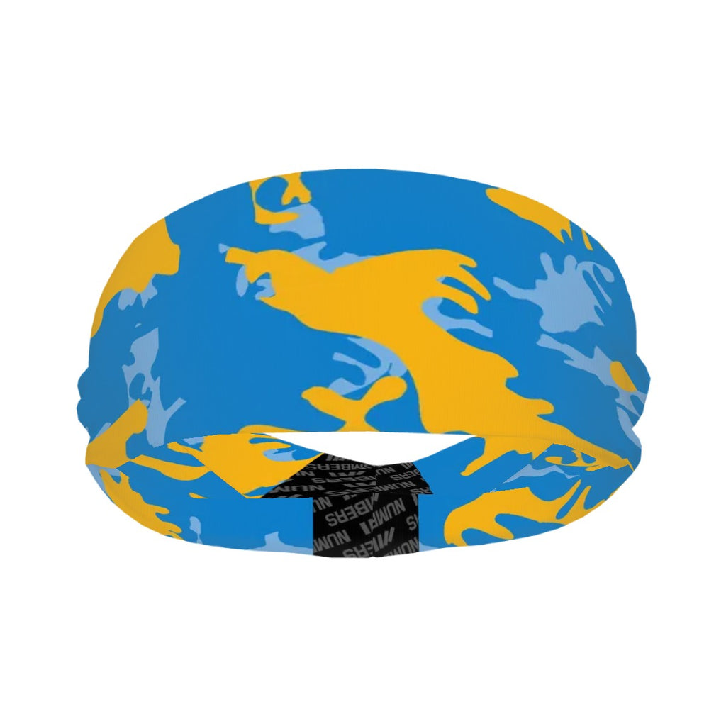 Athletic sports sweatband wide headband for youth and adult football, basketball, baseball, softball, gym workout, printed with light blue, powder blue, and yellow colors.