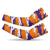 Athletic sports compression arm sleeve for youth and adult football, basketball, baseball, and softball printed with predator purple, orange, and white colors. 