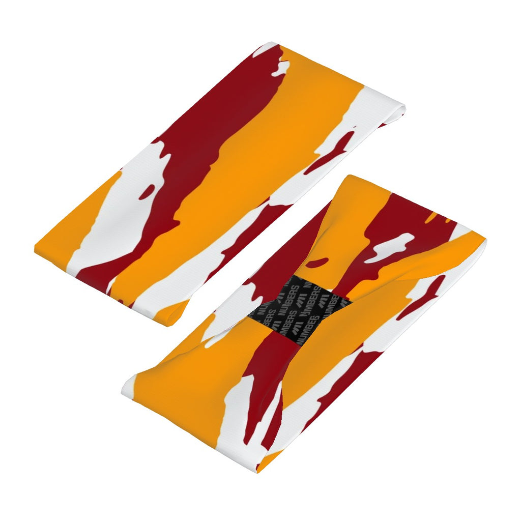 Athletic sports sweatband wide headband for youth and adult football, basketball, baseball, softball, gym workout, printed with maroon, yellow, and white colors. 