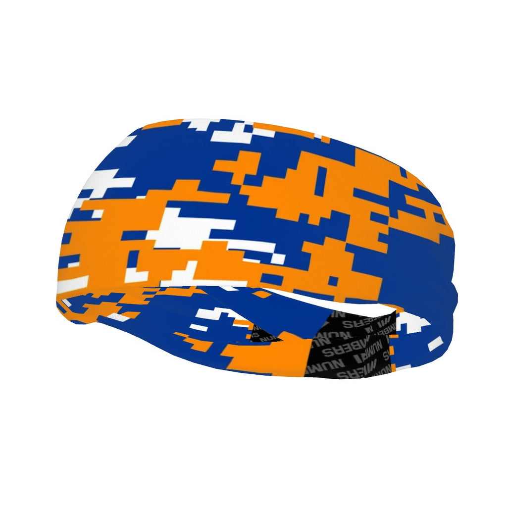Athletic sports sweatband wide headband for youth and adult football, basketball, baseball, softball, gym workout, printed with royal blue, orange, and white colors. 
