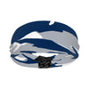 Athletic sports sweatband wide headband for youth and adult football, basketball, baseball, softball, gym workout, printed with navy blue, white, and gray colors. 
