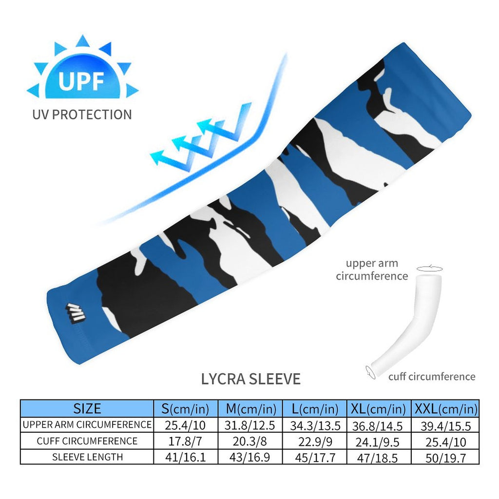 Athletic sports compression arm sleeve for youth and adult football, basketball, baseball, and softball printed with predator blue, white, and black colors. 