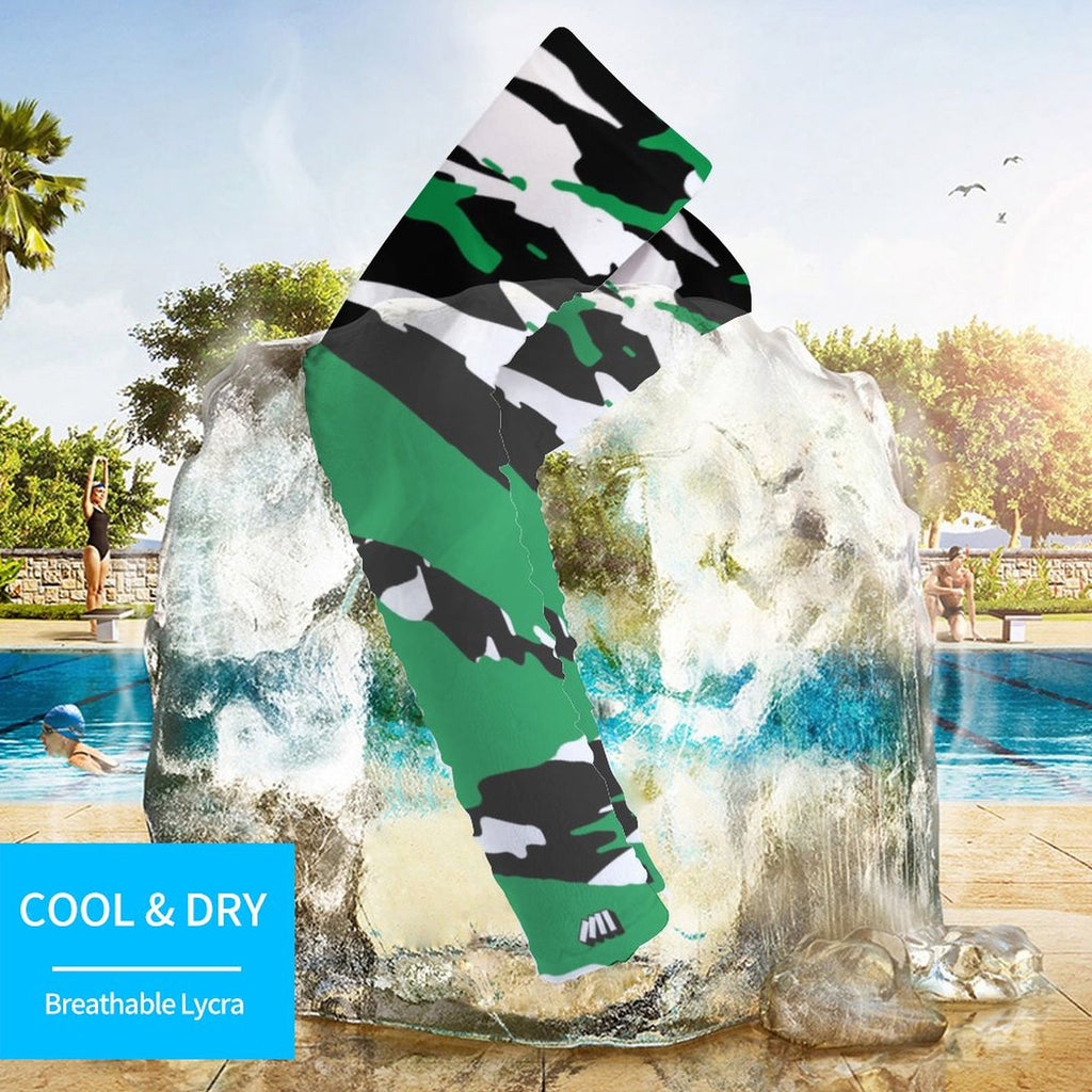 Athletic sports compression arm sleeve for youth and adult football, basketball, baseball, and softball printed with predator kelly green, white, and black colors. 