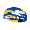 Athletic sports sweatband wide headband for youth and adult football, basketball, baseball, softball, gym workout, printed with blue, yellow, and white colors. 